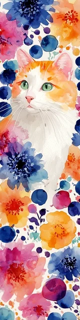 Cat bookmarks featuring berries around an orange and white cat